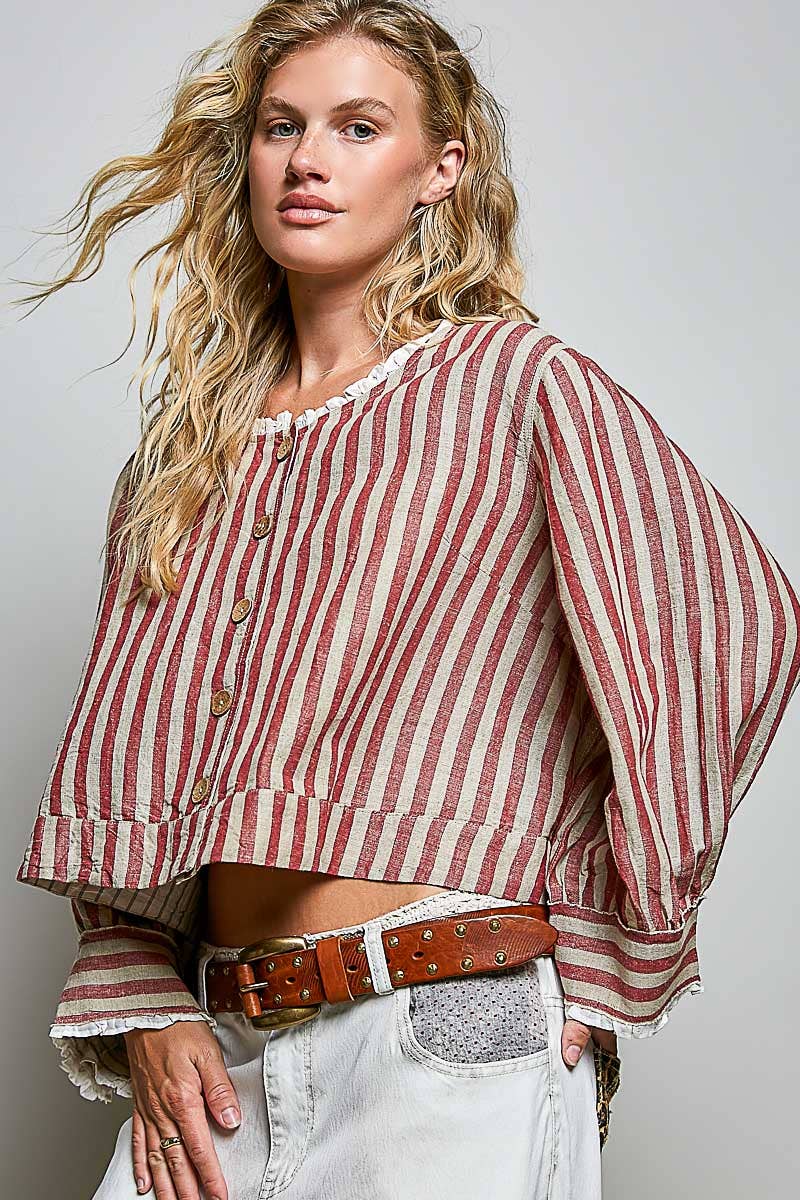 Ruffle Striped Pattern Wood Button Down Cotton Jacket Top: RED MULTI / M