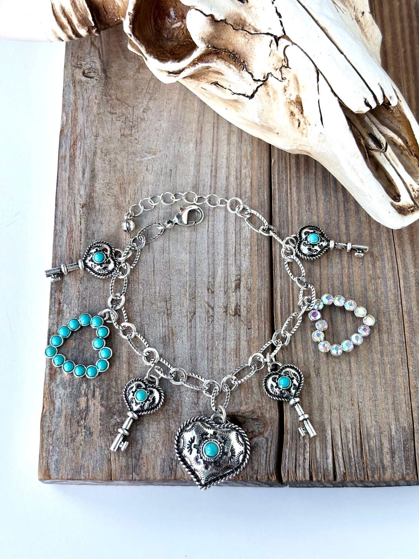Western Style Stone Multi Charm Chunky Chain Bracelet : Heart Heart