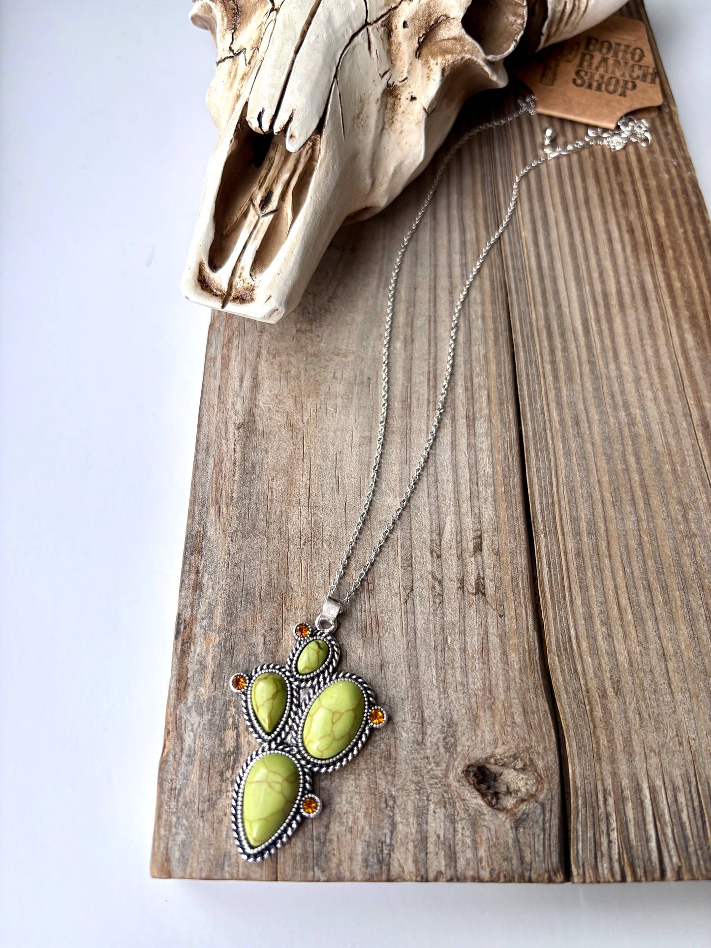 Western Cactus Stone Pendant Necklace: Green