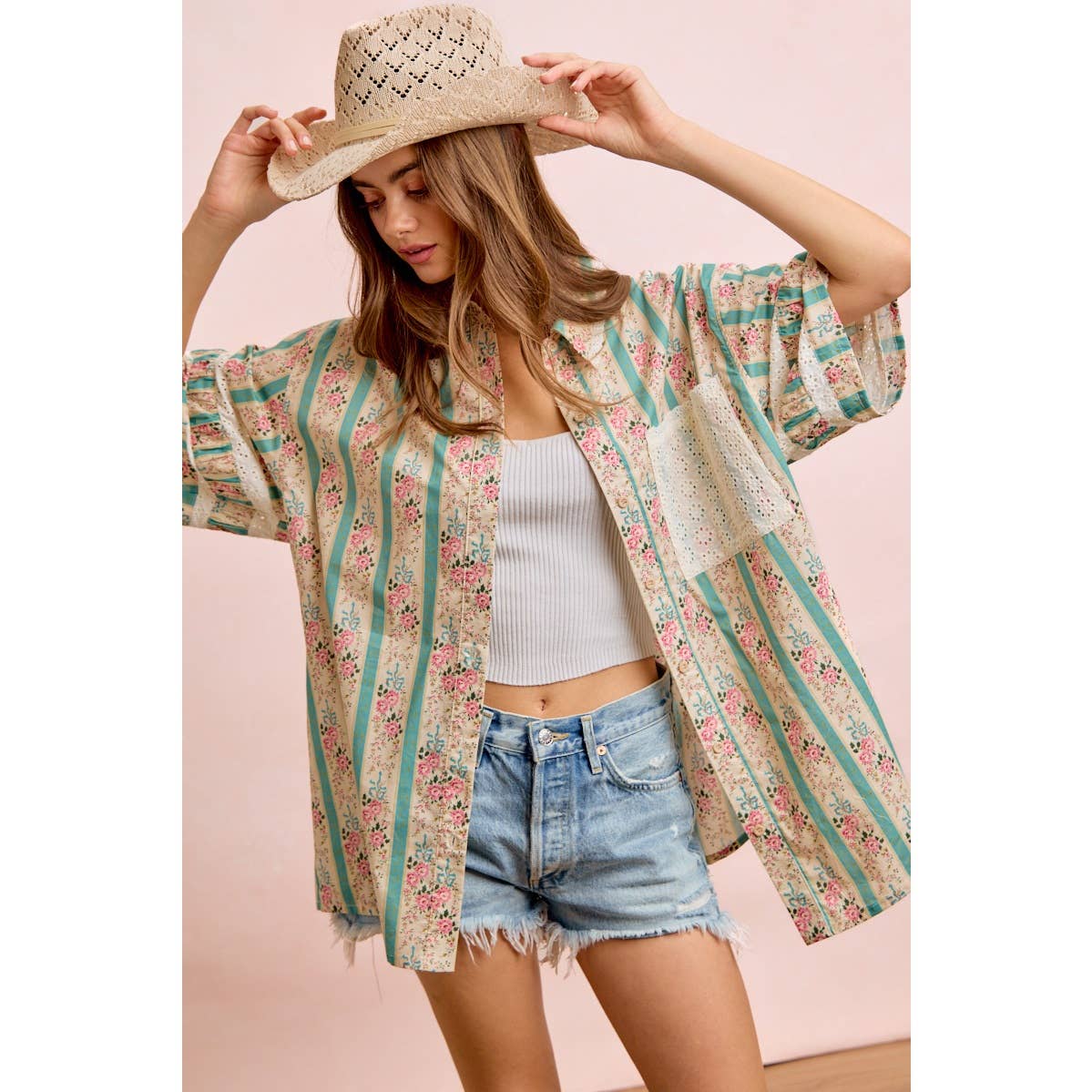 EYELET LACE AND FLORAL MIX AND MATCH SHIRT TOP: TEAL / M 6-10