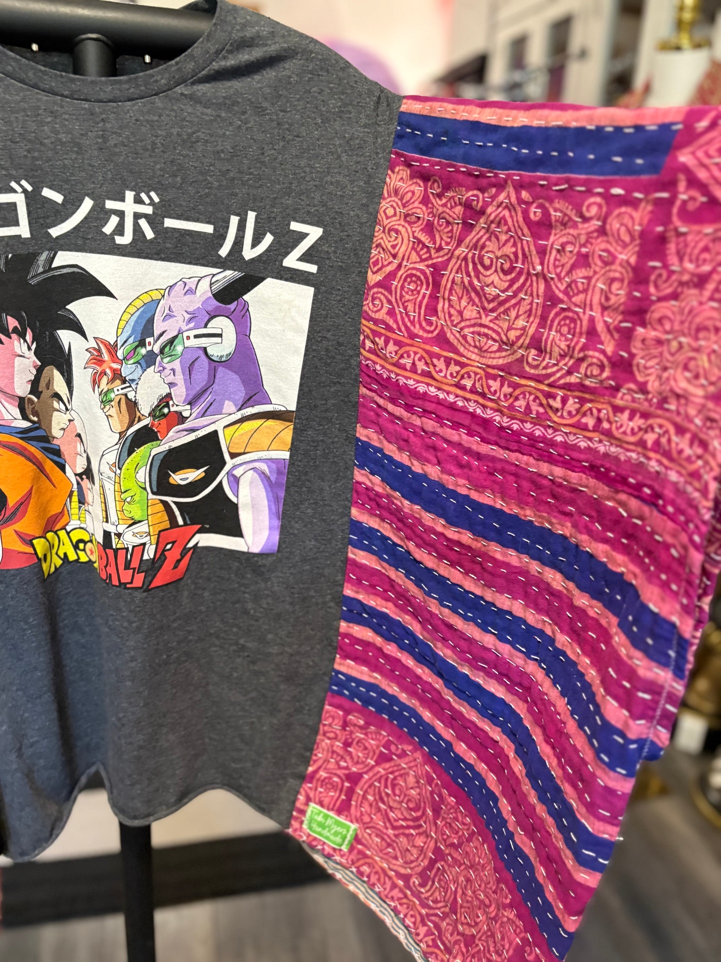 Dragon Ball Z Upcycled Vintage Kantha Poncho Tee Fits A Size Small to XXL