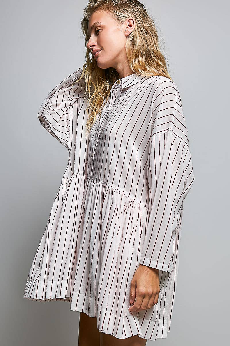 Striped Long Sleeve Collard Shirt Woven Dress : RED STRIPE / S