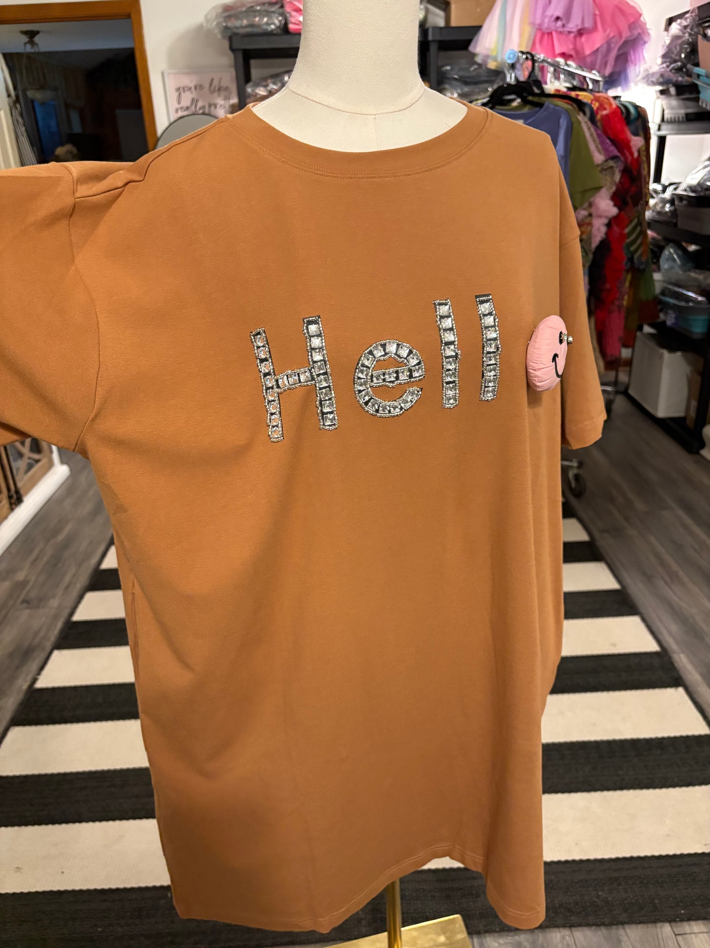 Hello Tunic Tshirt Dress Camel