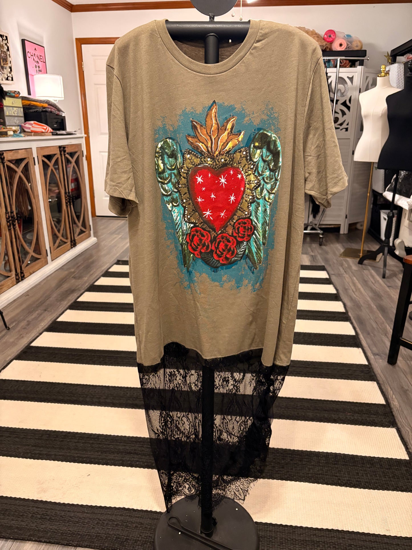 Sacred Heart Lace Bottom Tee Dress OVERSIZED Fits a Small to XL