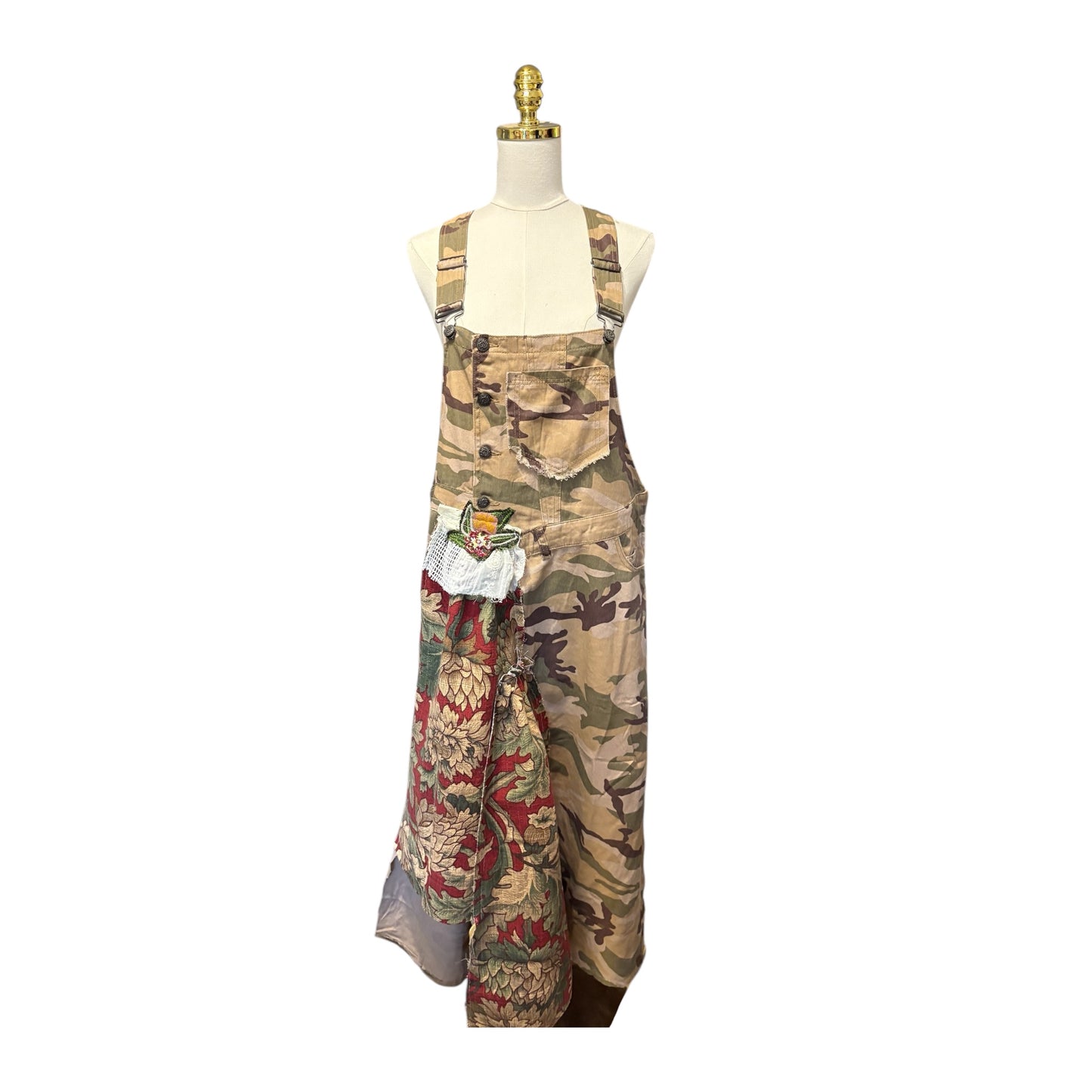 Floral Camo Upcycled Patchwork Overall Dress One Size Fits a Small to XL