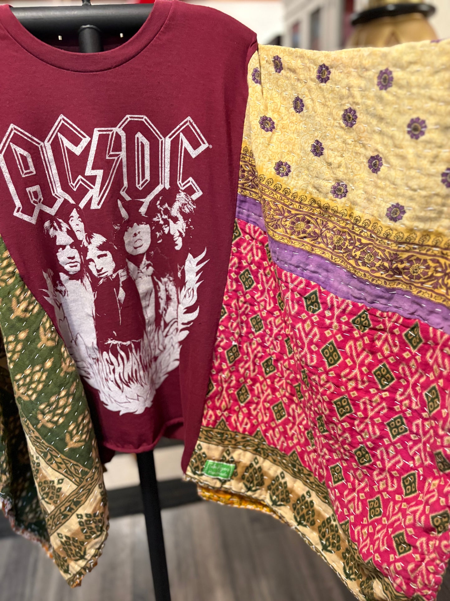 AC/DC Upcycled Vintage Kantha Poncho Tee Fits A Size Small to 3X