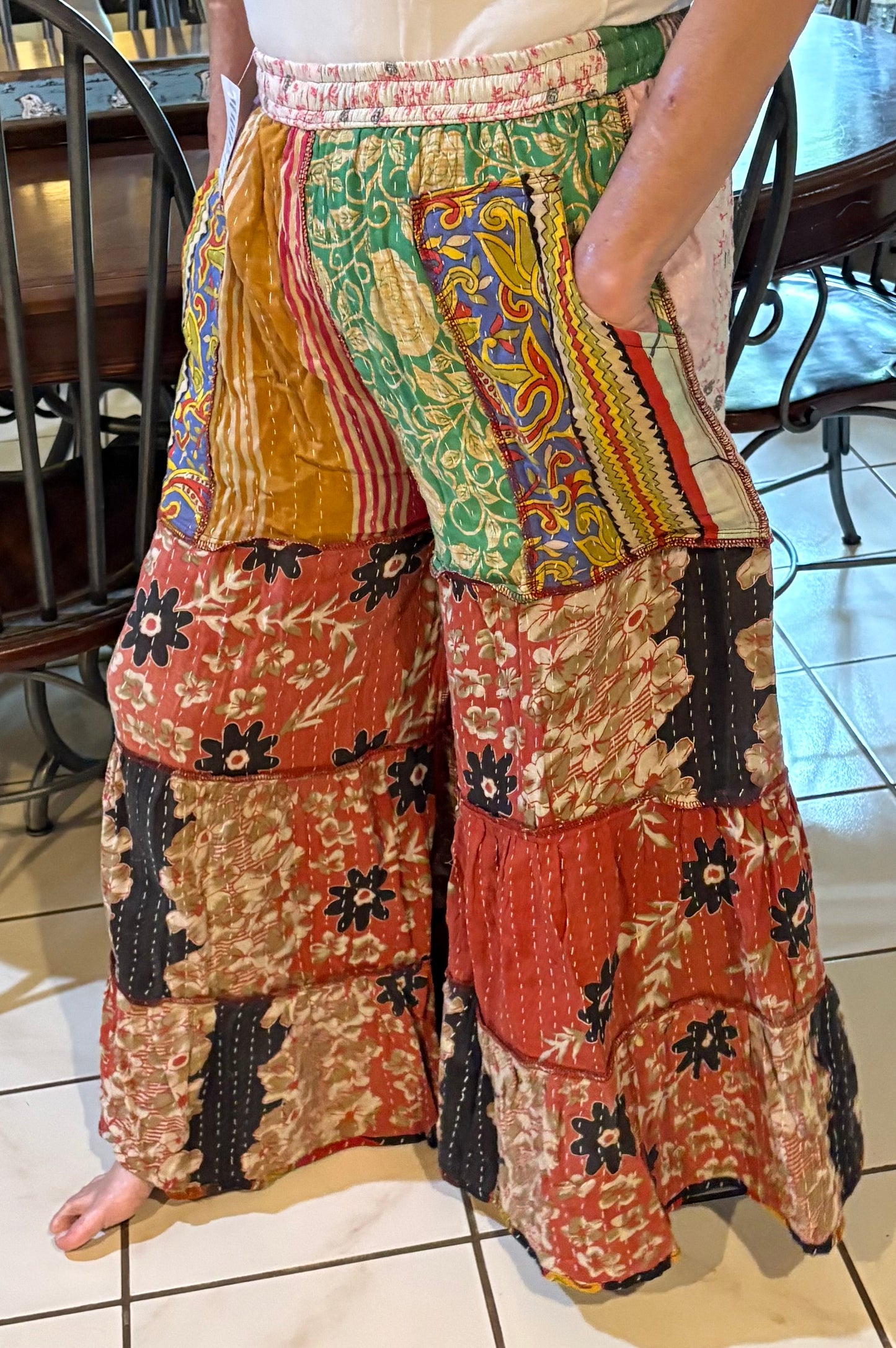 Kantha Flowy Tiered Reversible Palazzo Pant with Pockets: One Size Fits Size 6-16