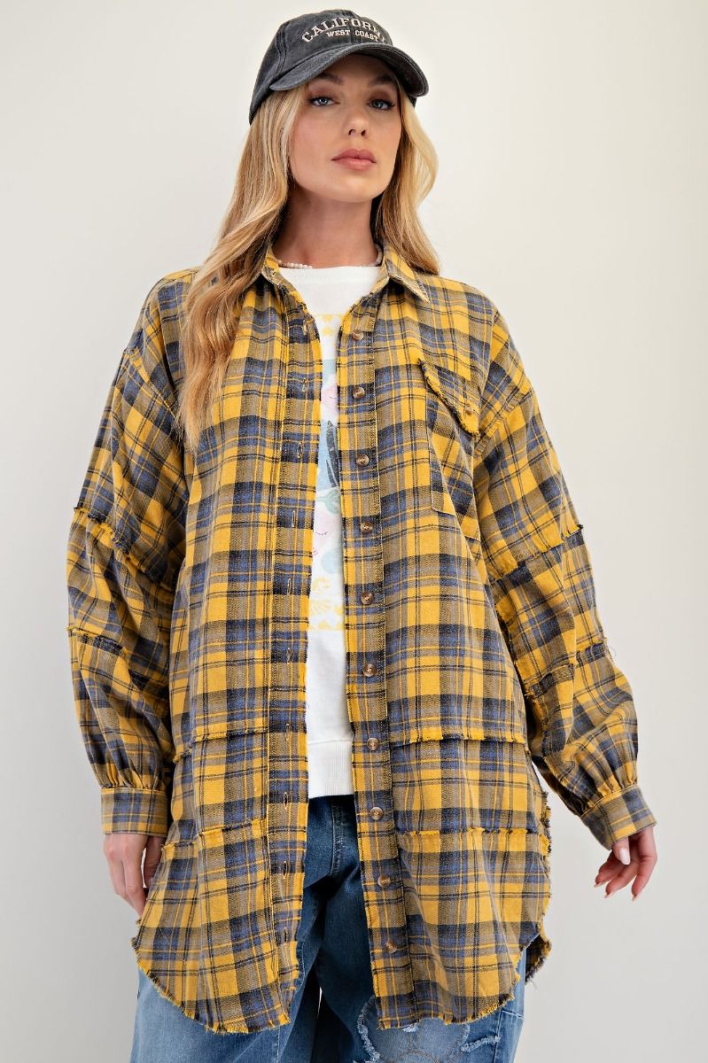Yellow Plaid Frayed Long Flannel