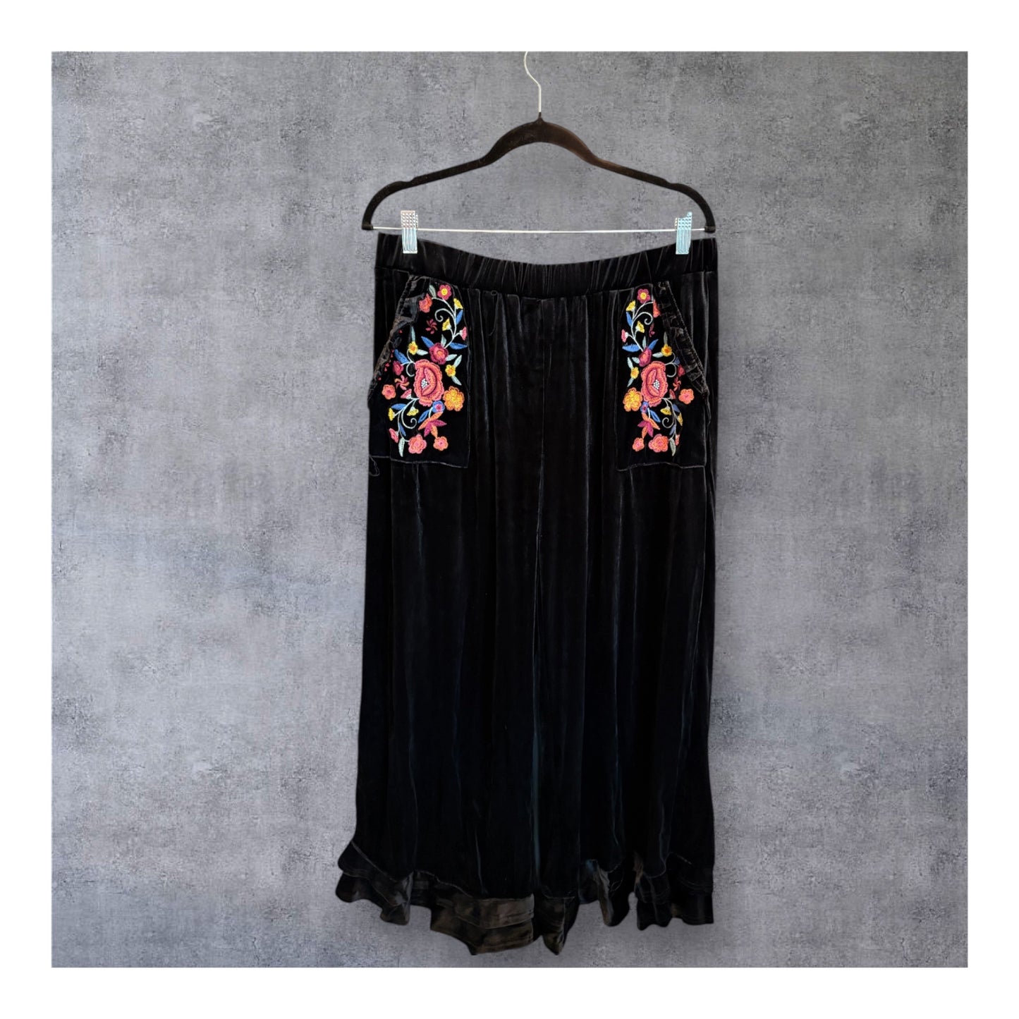 Black Embroidered Velvet Ruffled Bottom Pants