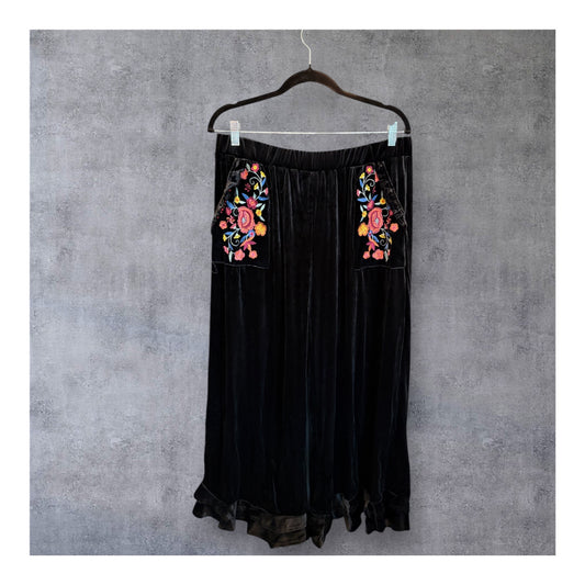 Black Embroidered Velvet Ruffled Bottom Pants