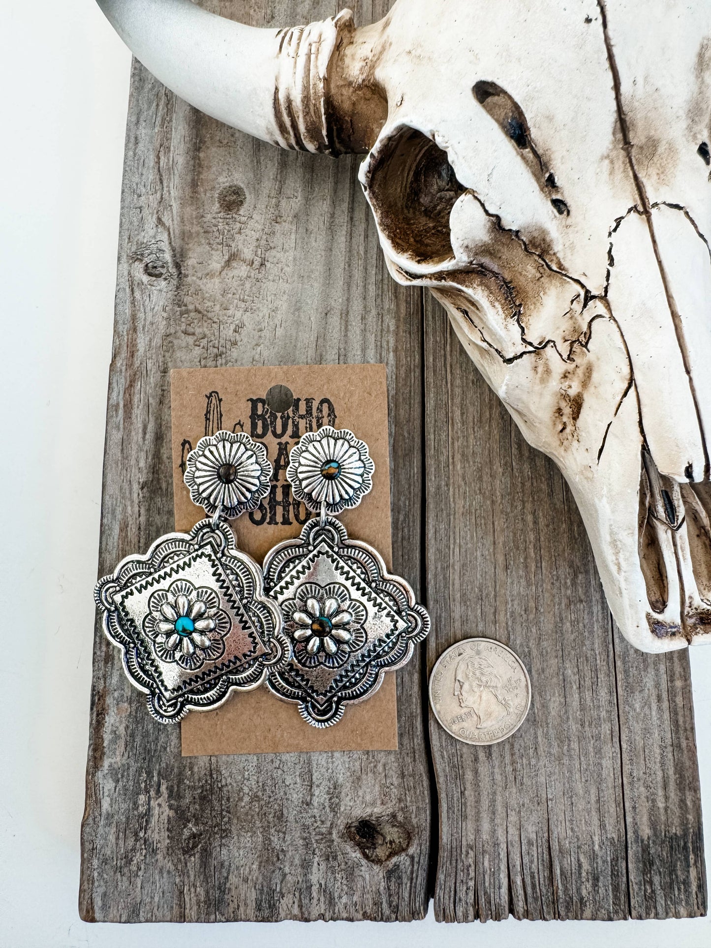 Western Textured Dangle Concho Earrings: SILVER - TURQUOISE