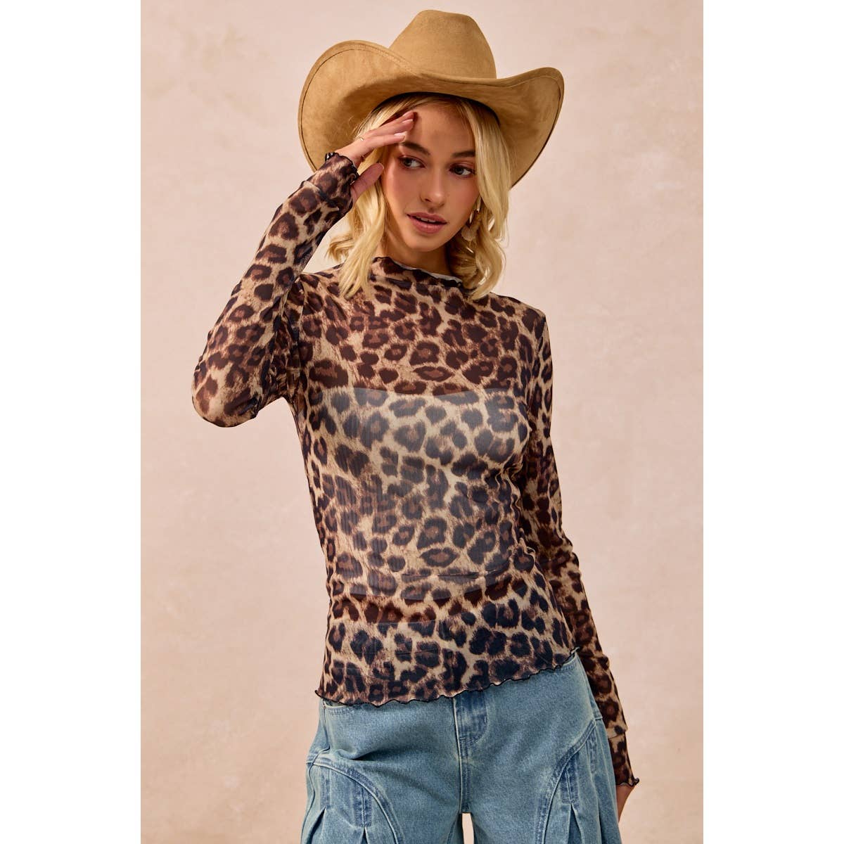 MESH LEOPARD PRINTED TOP WITH LONG SLEEVES: LEOPARD / S-XL