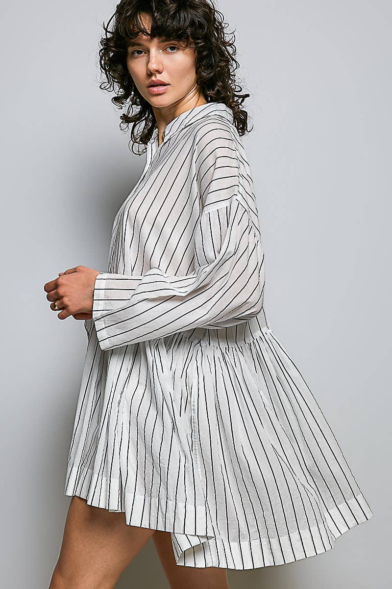 Striped Long Sleeve Collard Shirt Woven Dress : RED STRIPE / S