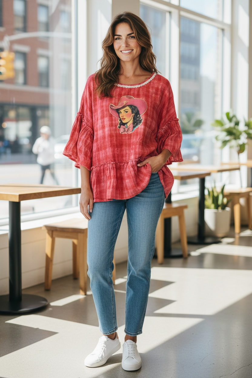 Yee Haw Upcycled Ruffle Plaid Top OVERSIZED Fits a Medium