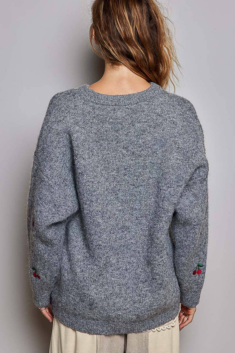 Vintage Cherry Embroidered Crew Neck Knit Oversize Sweater: GREY / OS