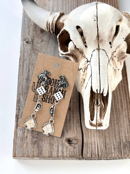 4 Tier Western Rodeo Dice Spade Stone Post Drop Earrings: White