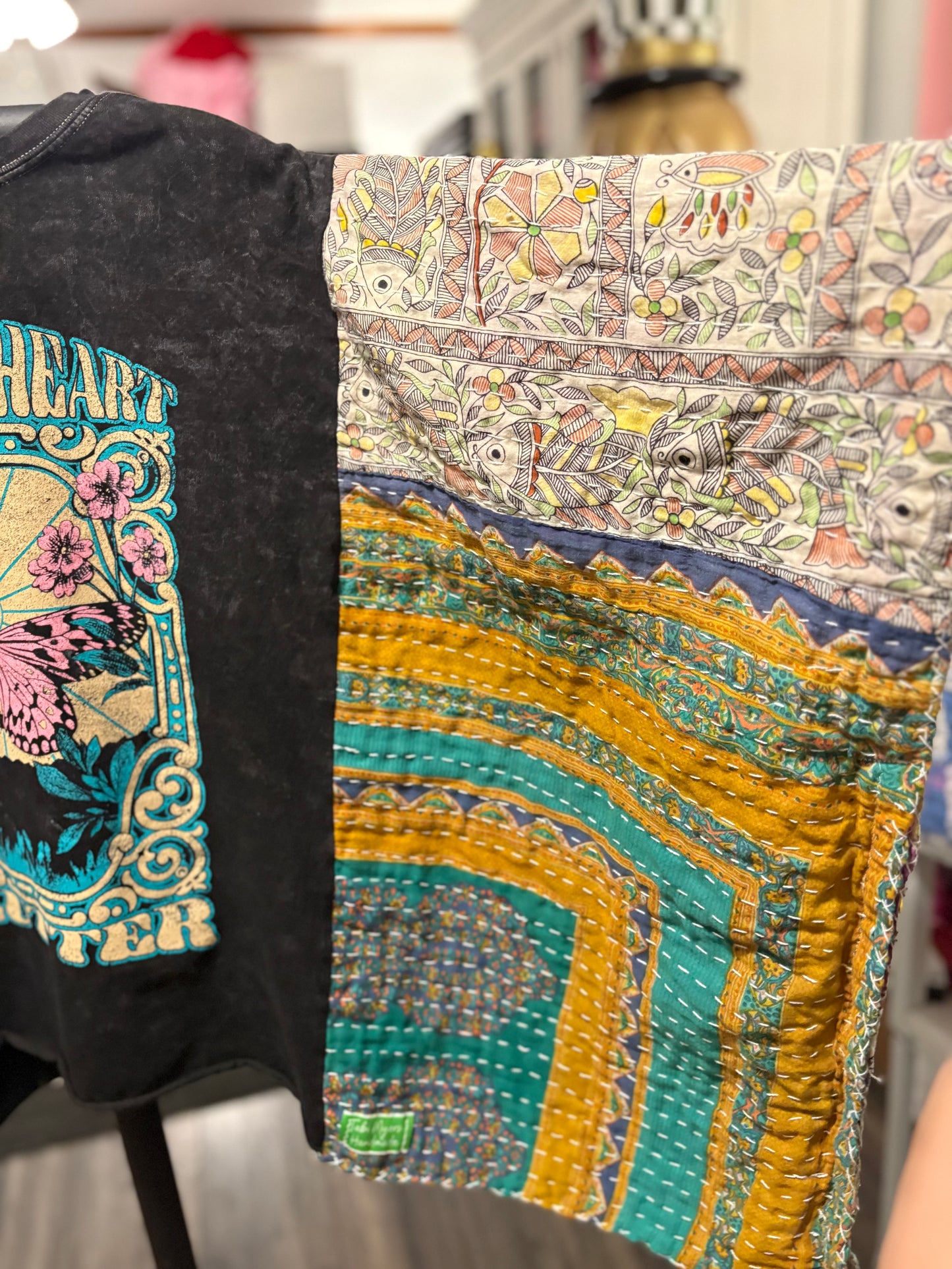 Flutter Upcycled Vintage Kantha Poncho Tee Fits A Size Small to XXL