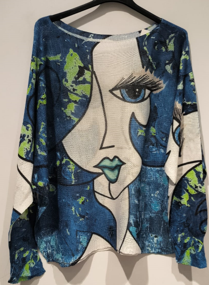 VI215 Blue Lady "PICASSO" Knit Printed Sweater LOOWIE