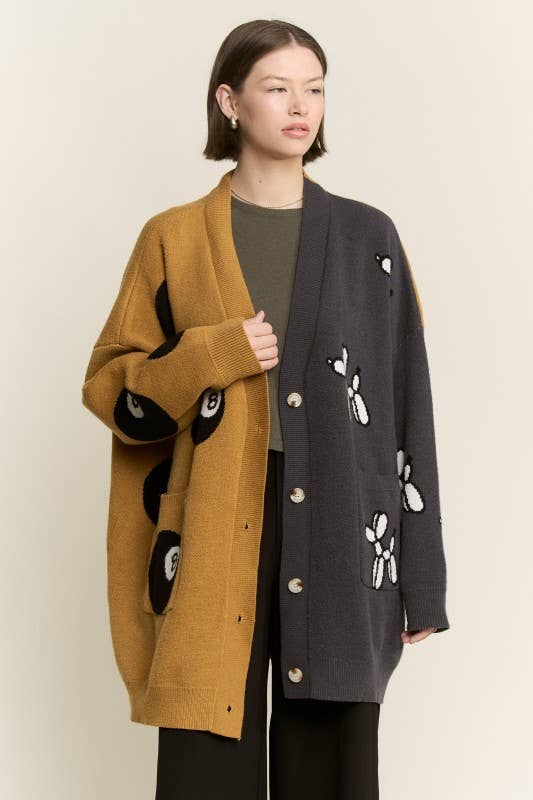 BALLOON DOG & 8BALL OVERSIZE CARDIGAN: MOCHA/CHARCOAL