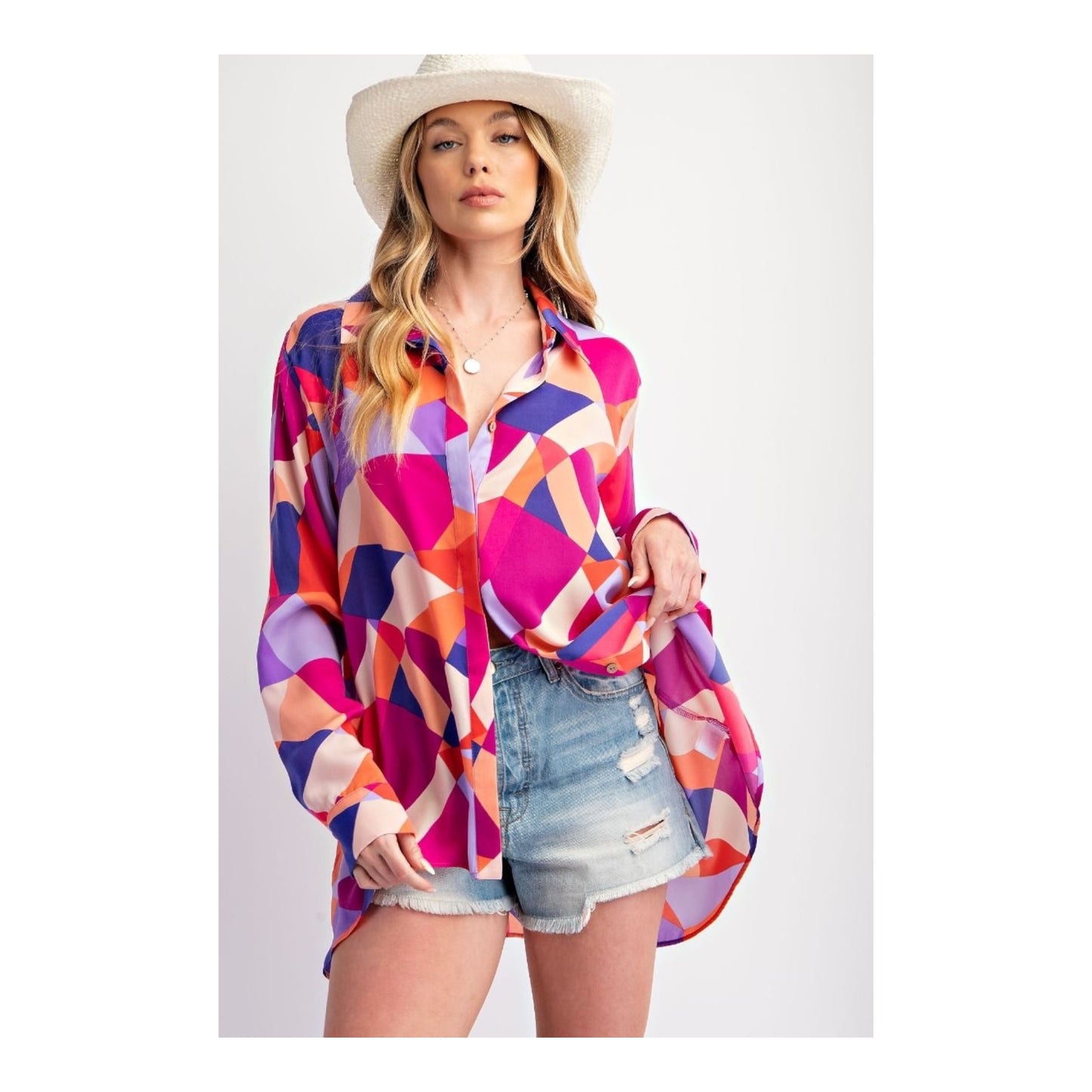 Hot Pink Geo Satin Button Down Shirt