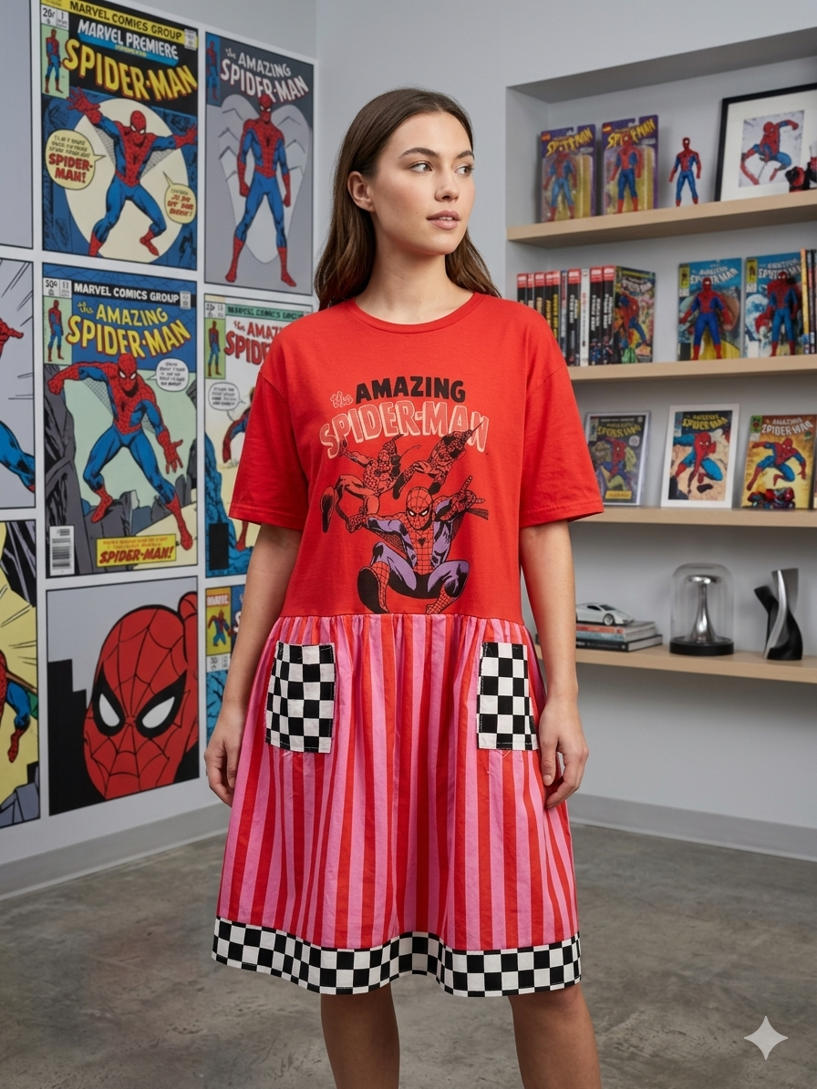 Spidey Upcycled Patchwork Dress One Size Fits a Small to 3X