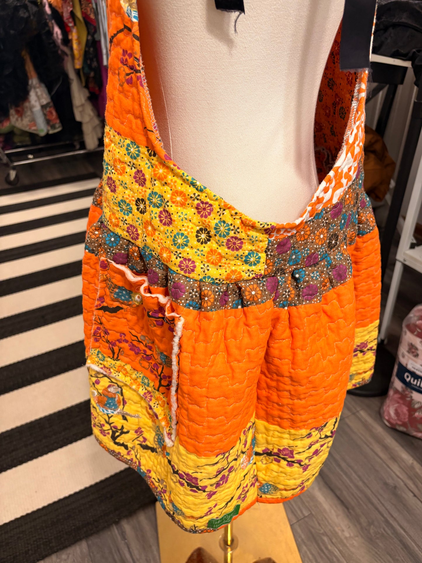 Mandarin Day Upcycled Quilt Art Smock with Pockets One Size Fits a Small to XL Oversized!