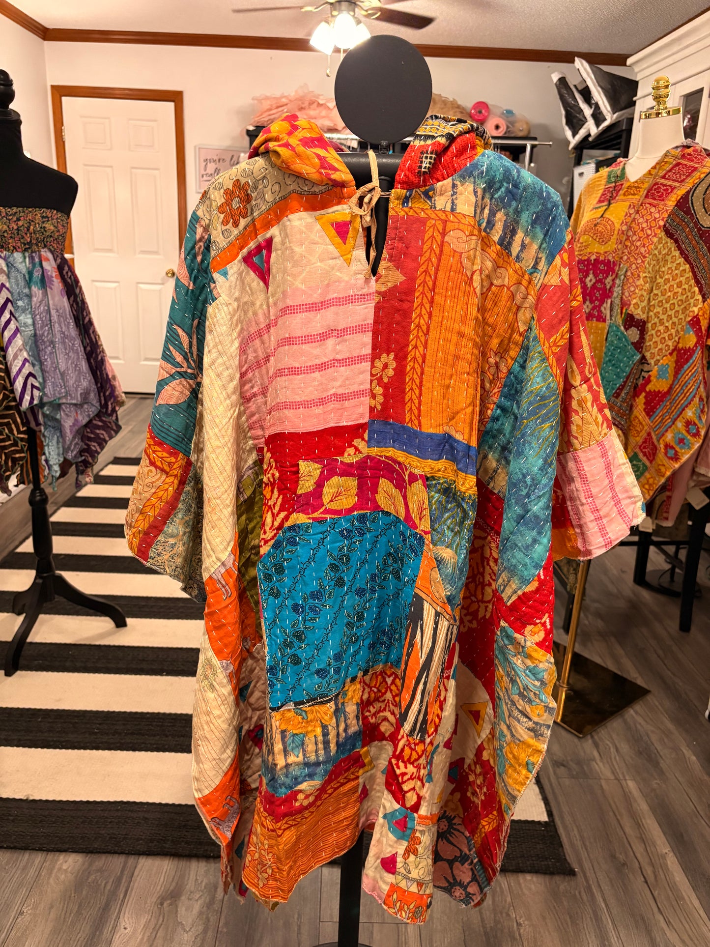 Faith Vintage Kantha Fabric Hood Oversized Poncho Top Dress One Size Fits Most