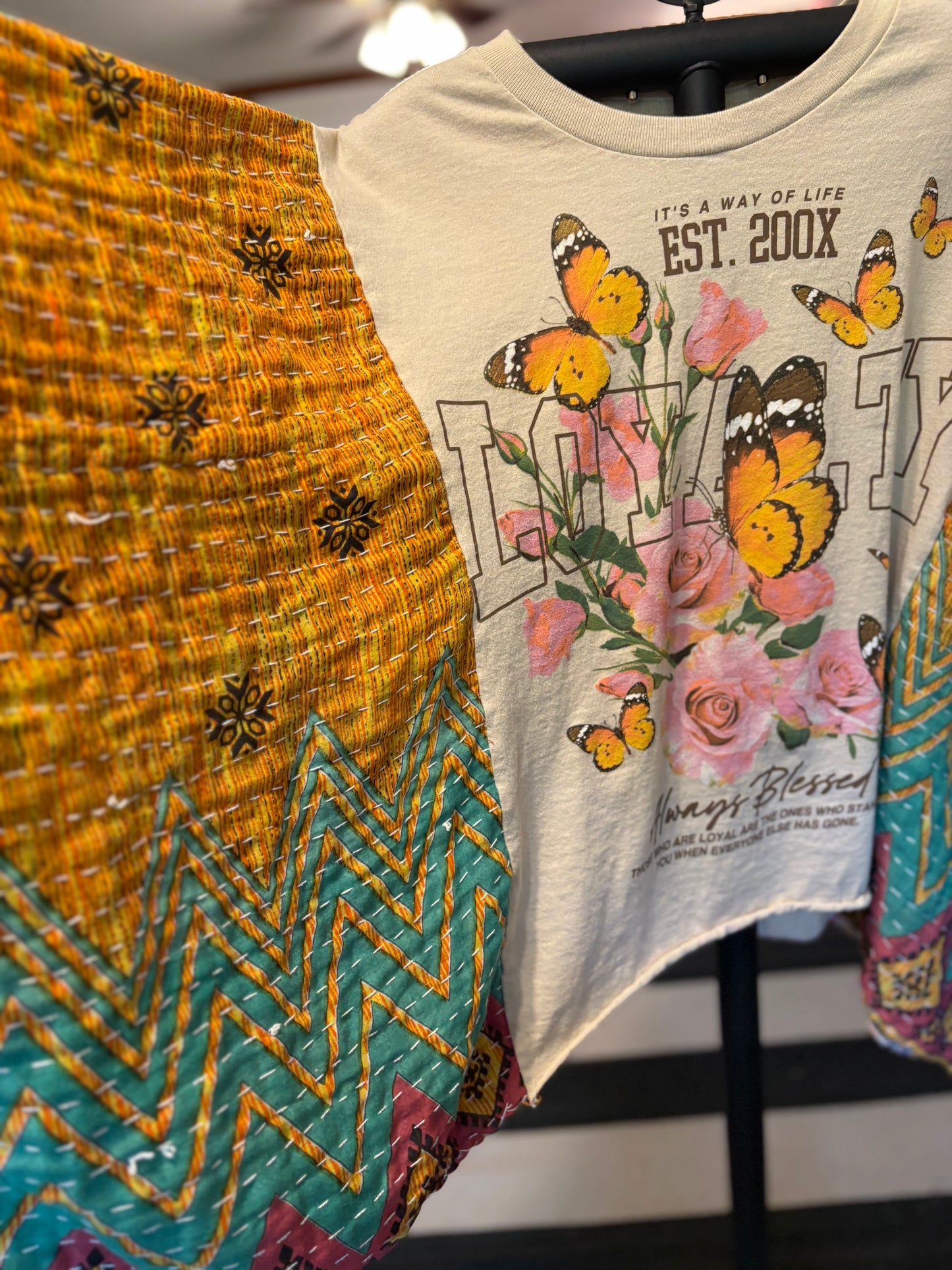 Always Blessed Upcycled Vintage Kantha Poncho Tee Fits A Size Small to XXL