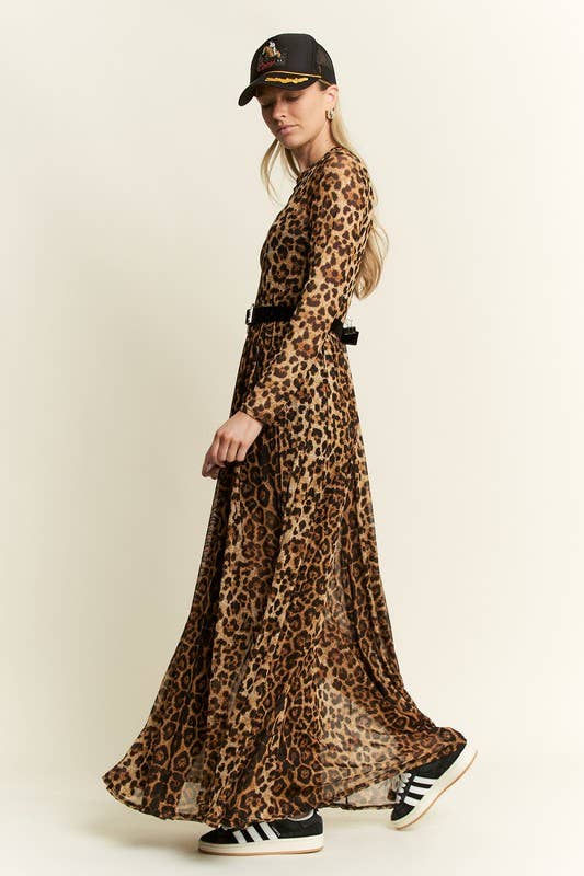 ANIMAL PRINT MESH MOCK DRESS: MOCHA BROWN
