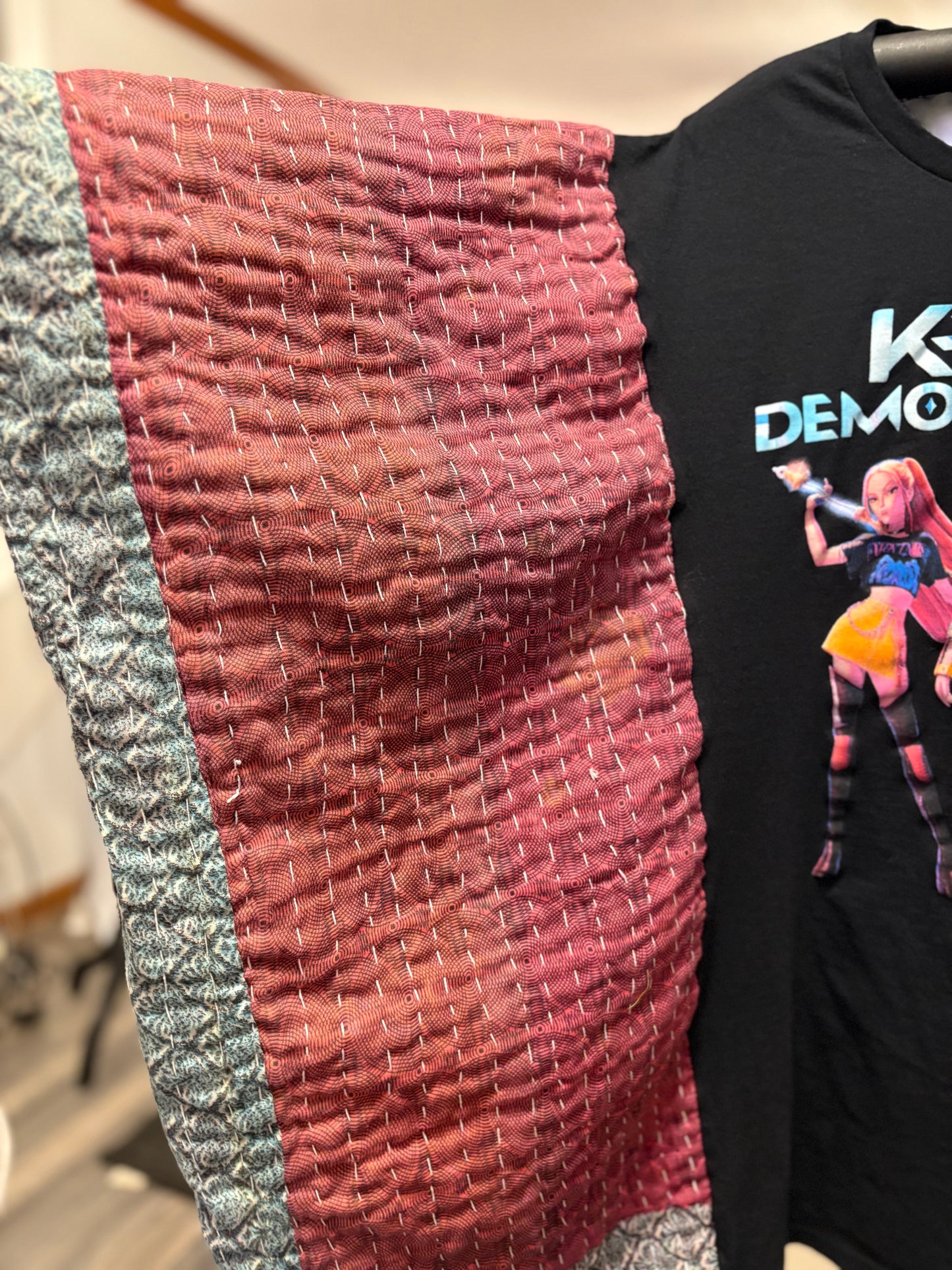 K-pop Upcycled Vintage Kantha Quilt Poncho Tee One Size Fits an XL to 4X