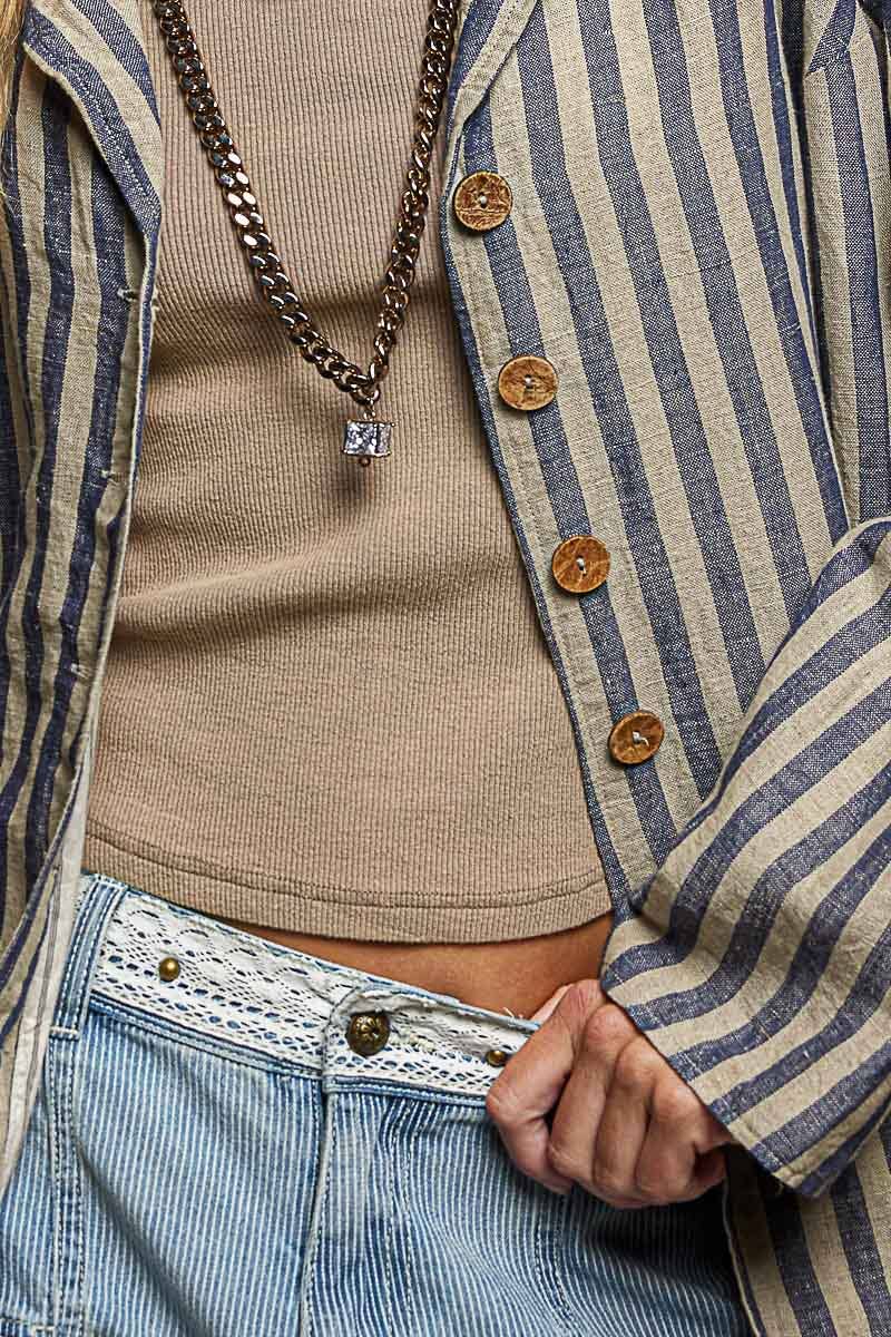 Stripe Pattern Asymmetrical Hem Lapel Style Woven Jacket: BLUE MULTI