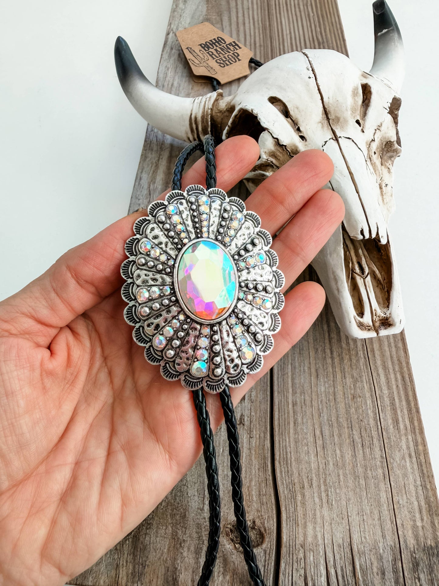 Western Style Large Stone Concho Bolo Tie Necklace