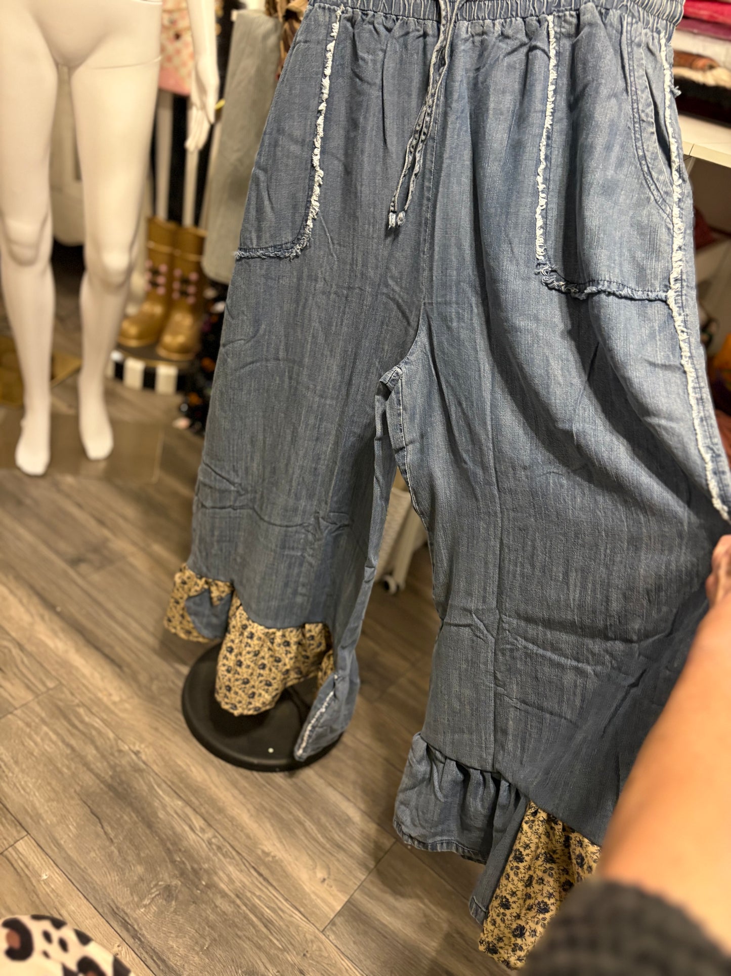 Hollys Upcycled Ruffled Denim Chambray Pants 1X