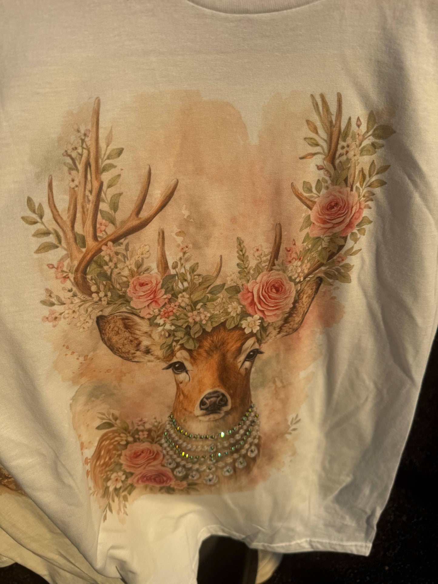 Watercolor Deer White Graphic Tee: With Crystals / Direct to Garment / 2-x-large (Copy)