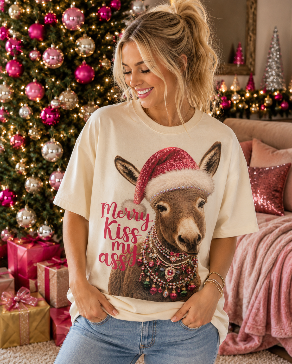 Merry Kiss My Ass Cream Graphic Tee 2070: Large