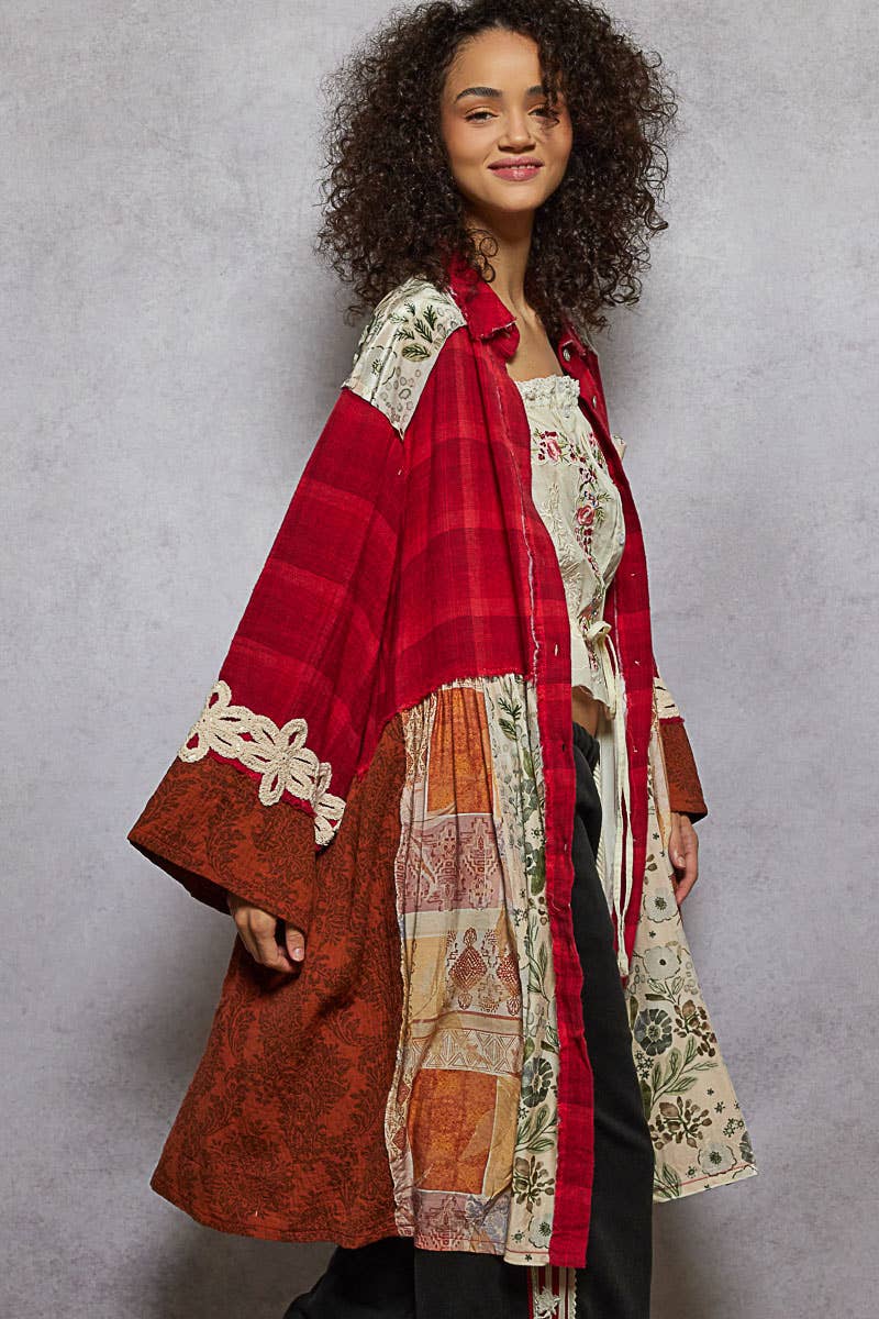 Long sleeve spangle crochet trim plaid knee length shirt top: RED MULTI / M