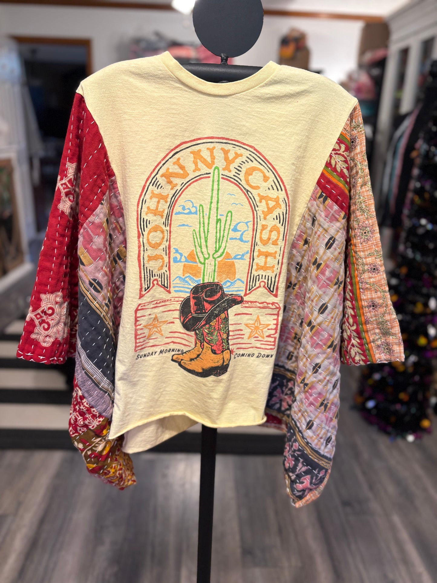 Johnny Cash Upcycled Vintage Kantha Poncho Tee Fits A Small to XXL