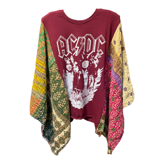 AC/DC Upcycled Vintage Kantha Poncho Tee Fits A Size Small to 3X