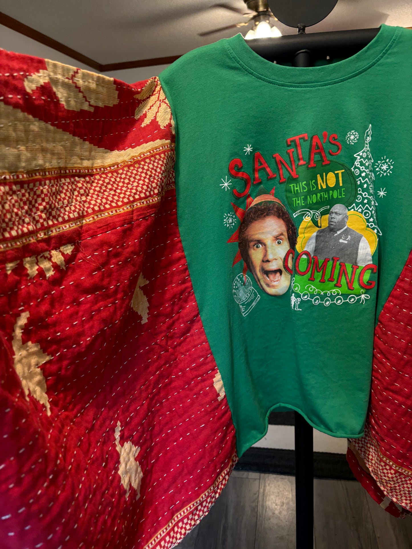 Santa’s Coming Upcycled Vintage Kantha Poncho Tee Fits A Size Small to XXL