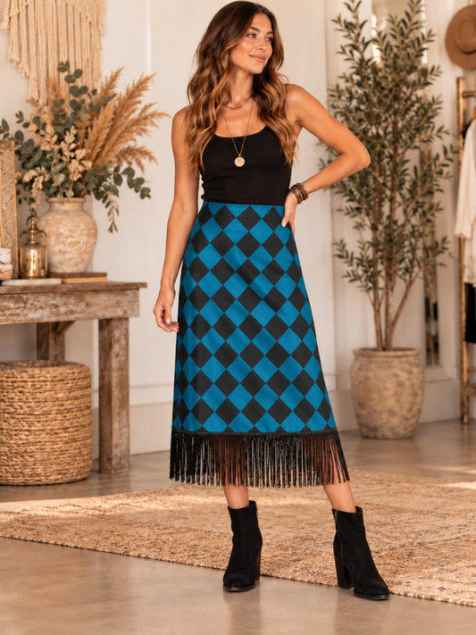 Sapphire and Black Checkerboard and Fringe Glam Skirt One Size Fits a Small/Medium
