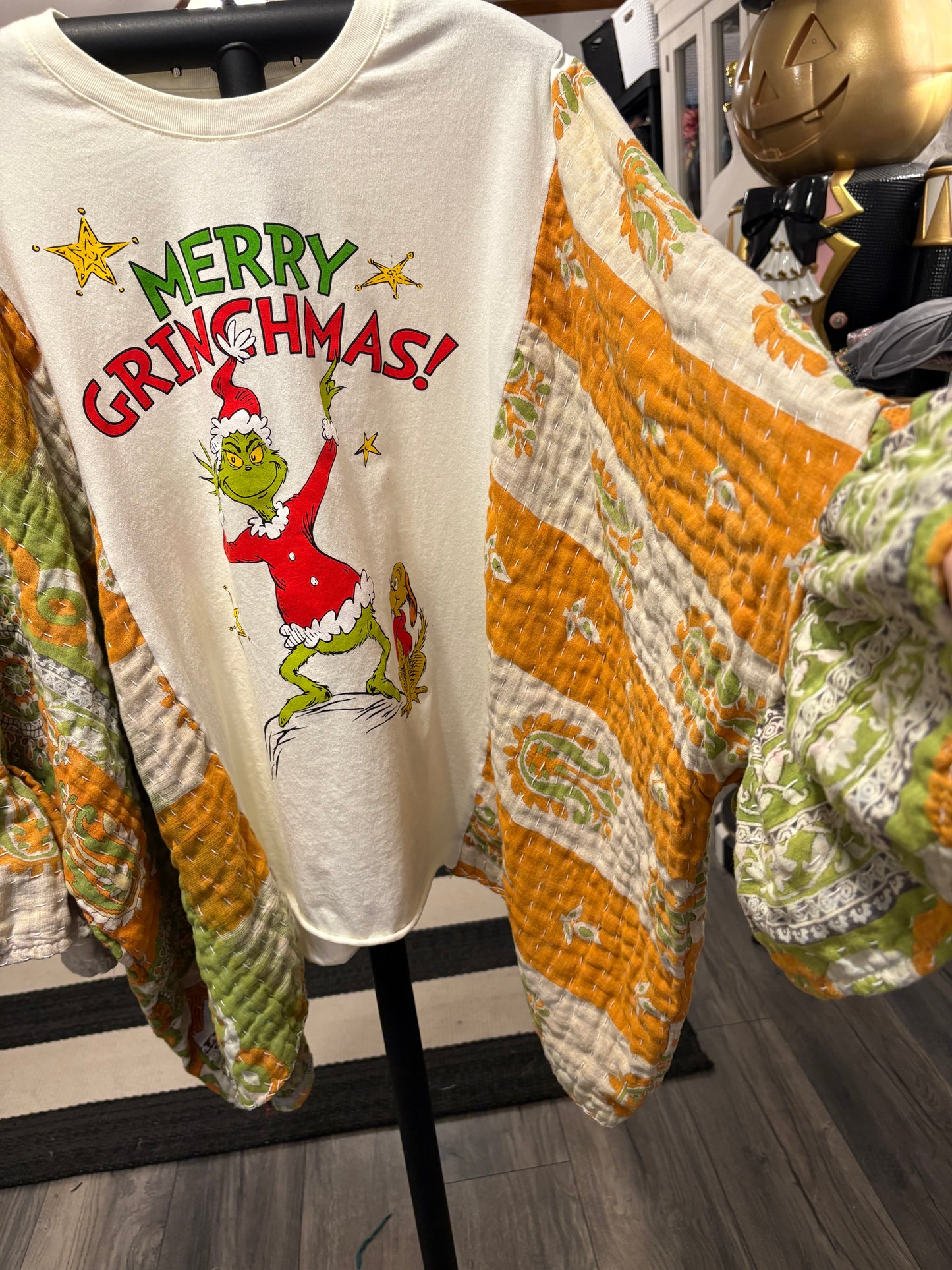Grinchmas Upcycled Vintage Kantha Quilt Ruffle Sleeve Poncho Tee One Size Fits a Large to 3X