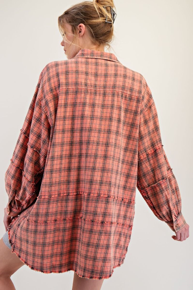 Coral Plaid Frayed Long Flannel