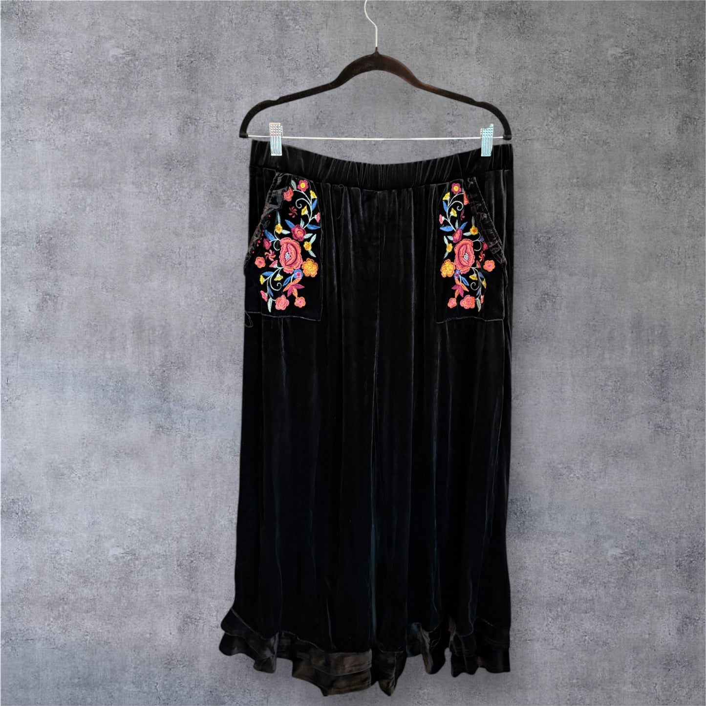 Black Embroidered Velvet Ruffled Bottom Pants