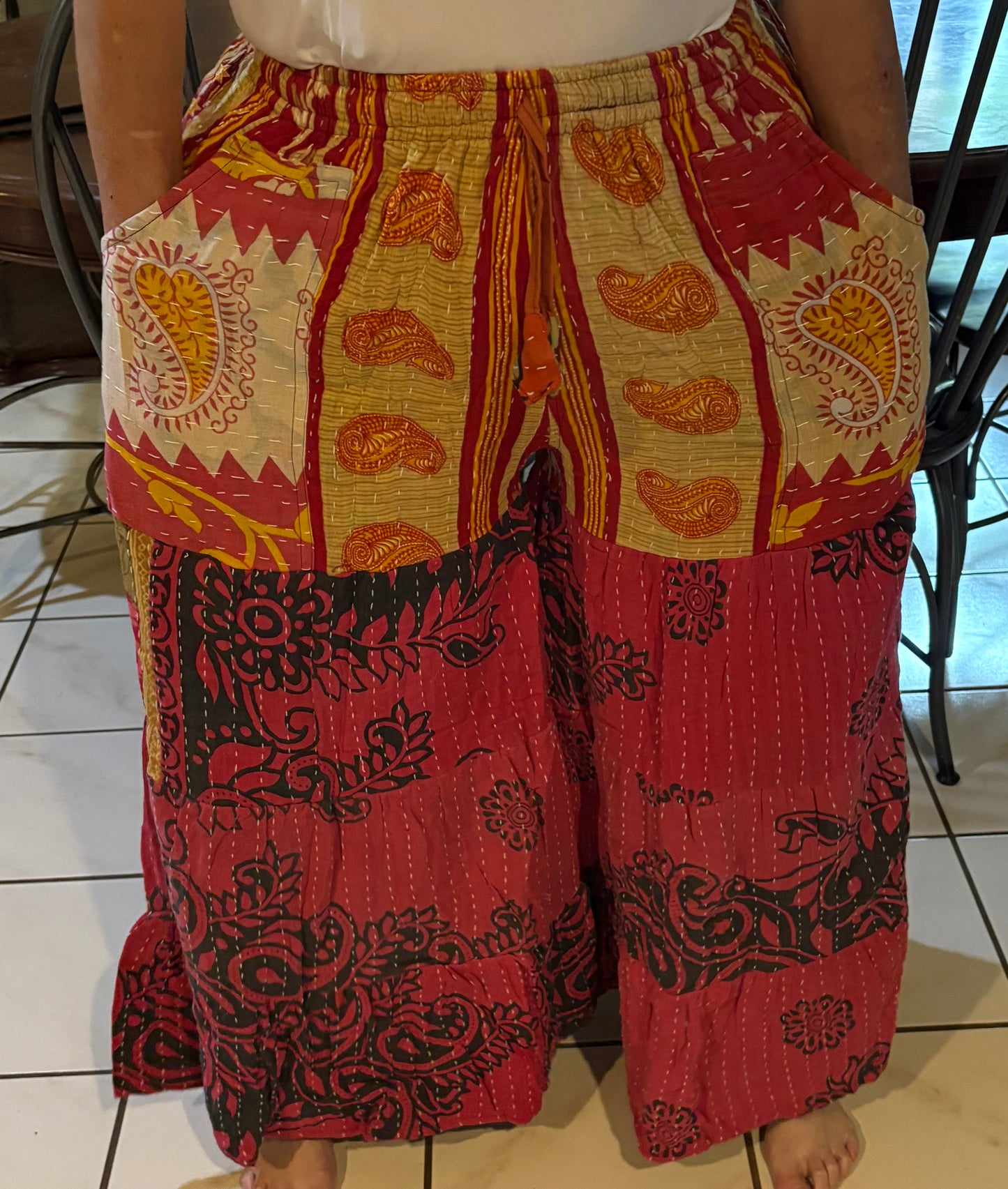 Kantha Flowy Tiered Reversible Palazzo Pant with Pockets: One Size Fits Size 6-16