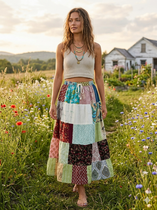 Meg Patchwork Cotton Maxi Skirt Assorted One Size Fits a Small to XL Size 2-14