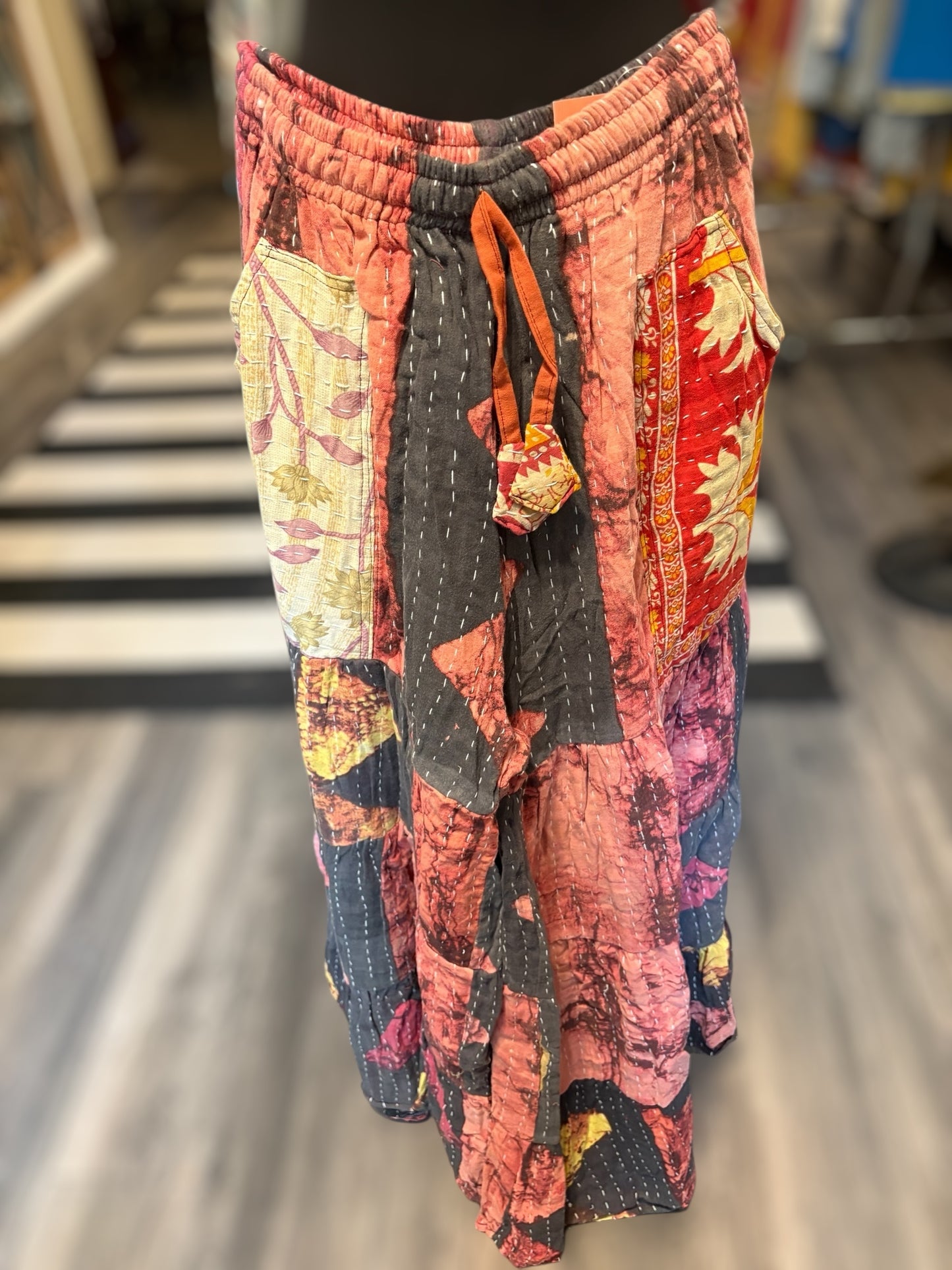Alexis Kantha Flowy Tiered Reversible Palazzo Pant with Pockets: One Size Fits Size 6-16