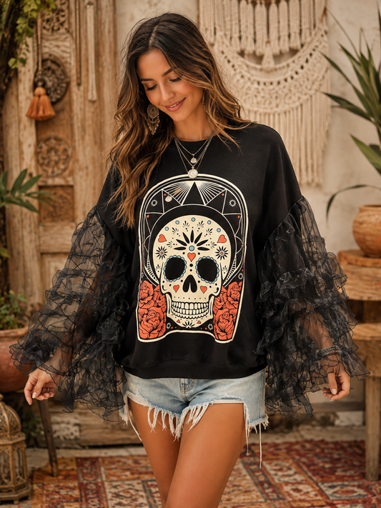Candy Skull Rockstar Ruffle Top One Size Fits a Small to Large