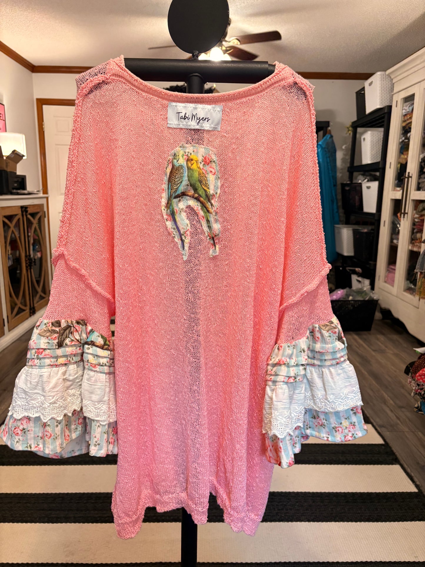 Lila Upcycled Mesh Ruffle Sleeve Sweater Fits a Small to 2X