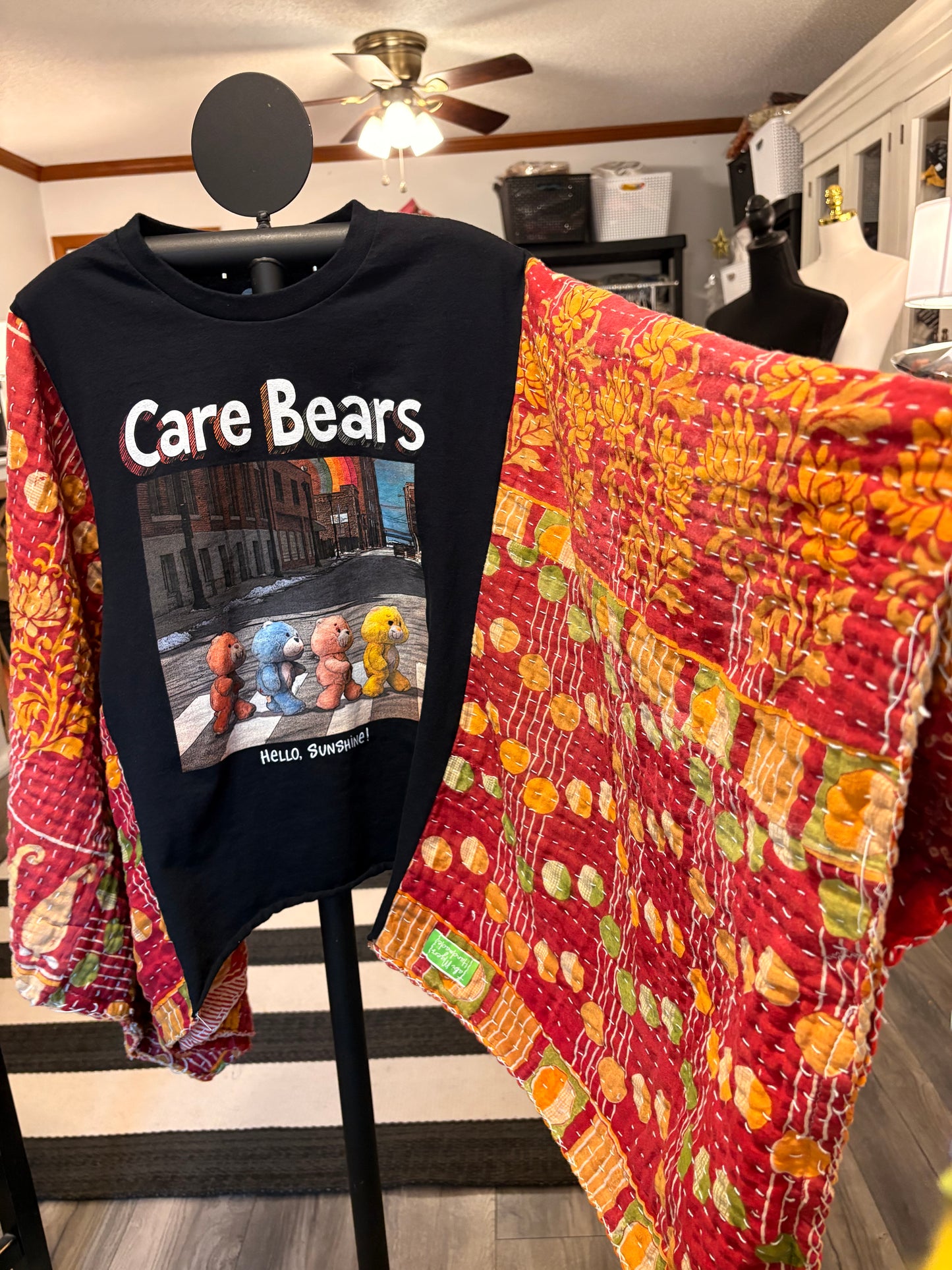 Hello Sunshine Upcycled Vintage Kantha Quilt Poncho Tee One Size Fits a Small to XXL