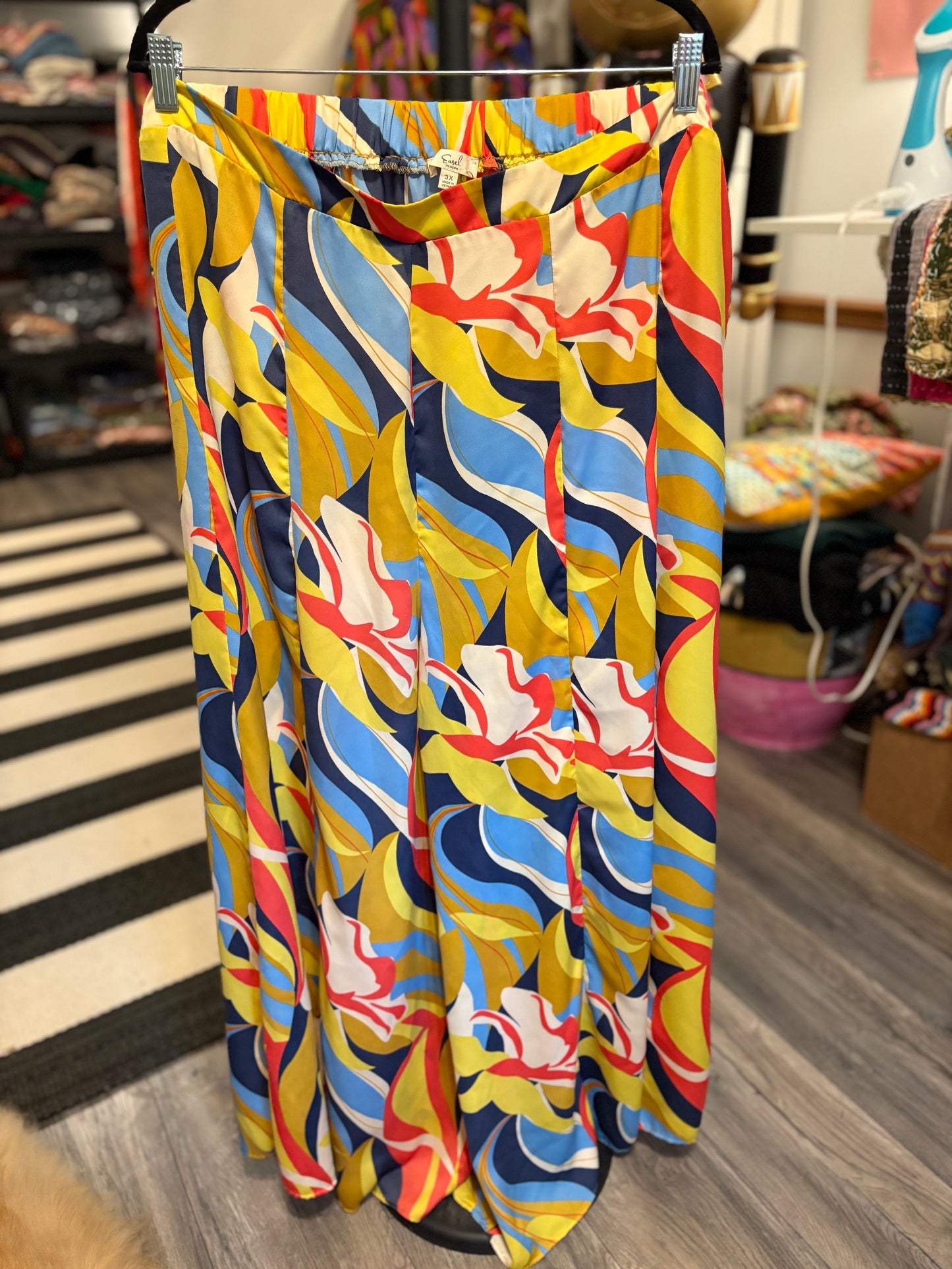 Easel Mirabelle Blue Mustard Satin Pants Plus Size